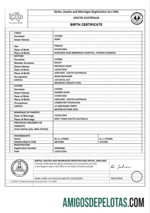 Austrália Sul da Austrália Certidão de Nascimento Versão 1 amostra